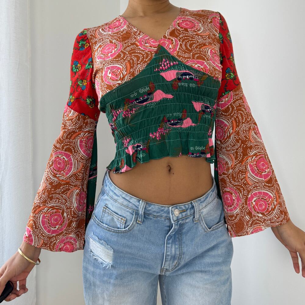 Vintage 90s Patchwork Boho Bell Sleeve Top (S/M)